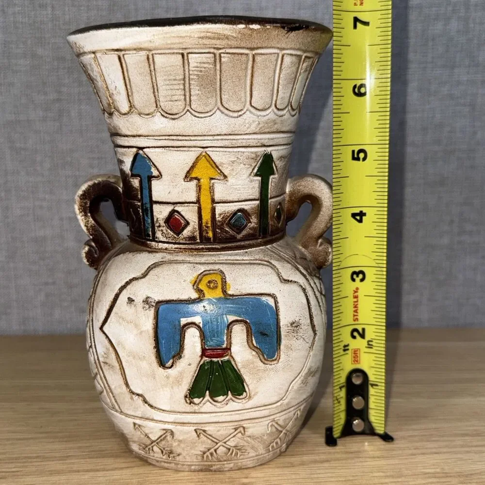 Vintage MM Enterprises Amphora Sand Colored Hand Painted Vase Made Japan Aztec